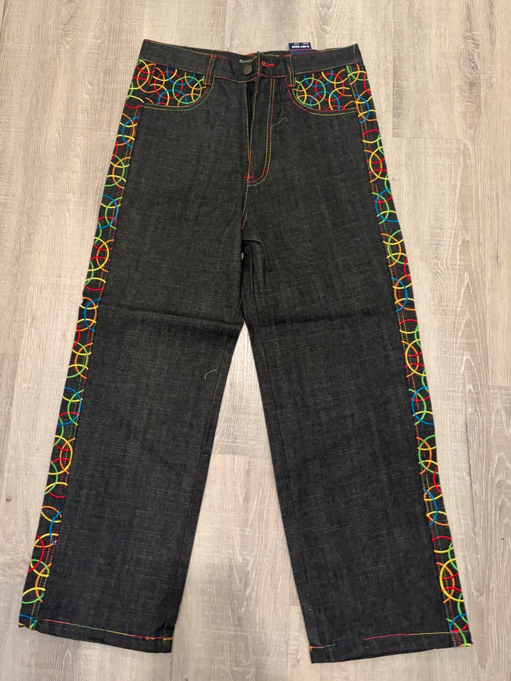 Black Straight Jeans with Colorful Circle Embroidery Size Kids 14